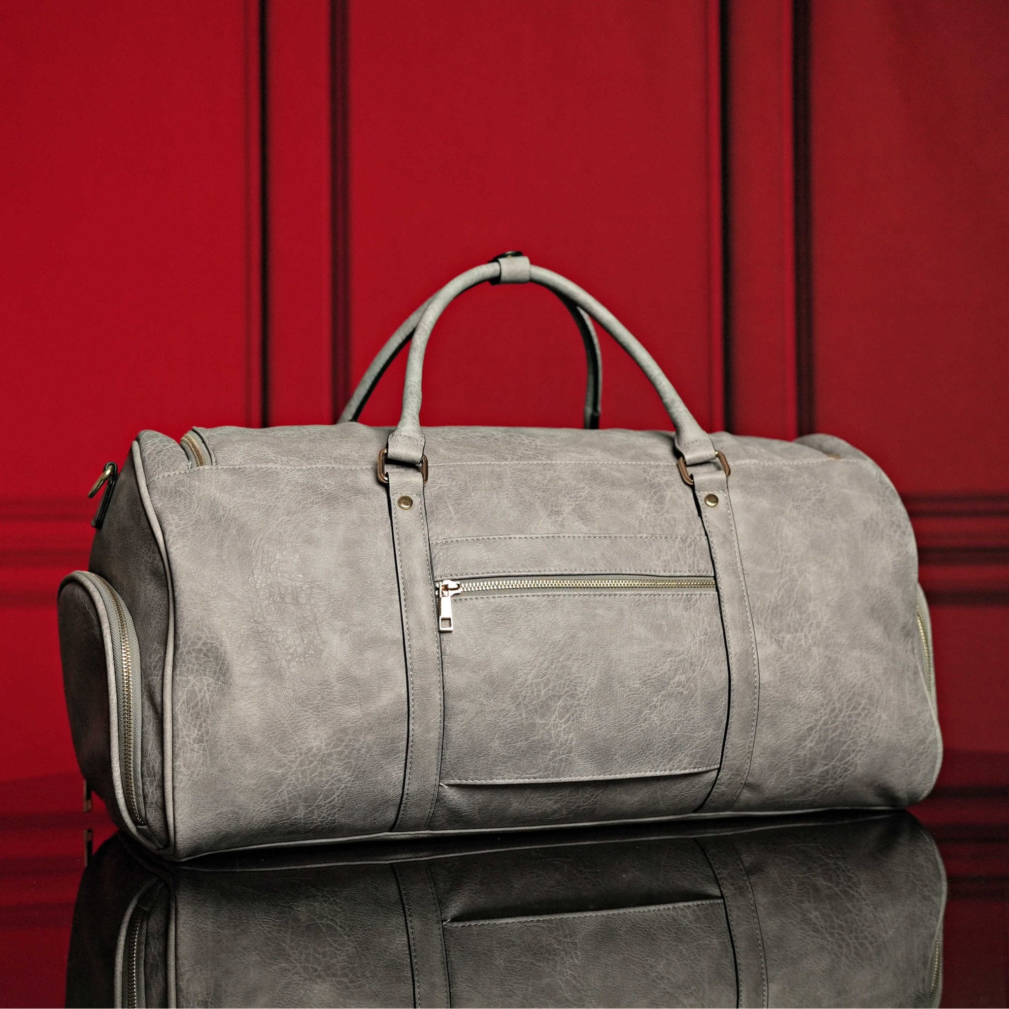 Grey Tumbled Leather Weekender Duffle Bag - Wize - Z