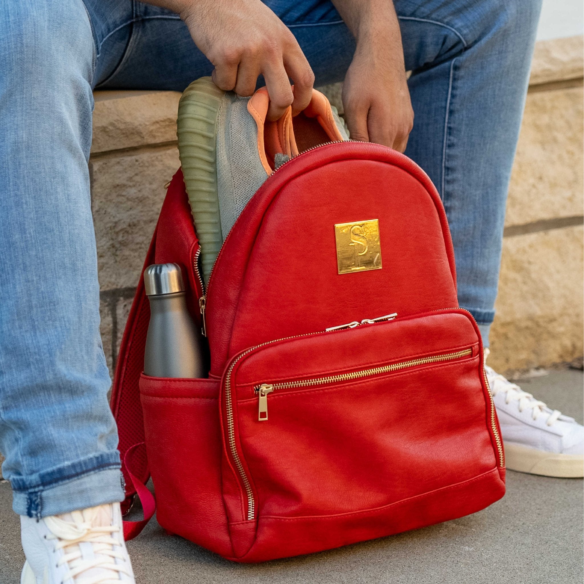 Red Leather Carrier Backpack - Wize - Z
