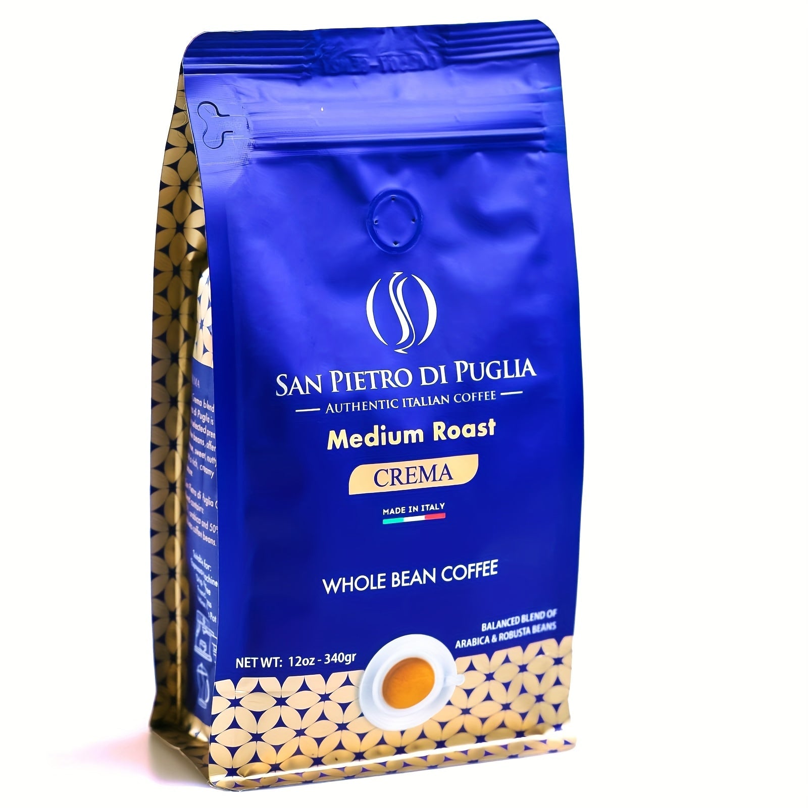 San Pietro Di Puglia Authentic Italian Coffee - 12oz Whole Bean Bag, Medium Roast Crema - Wize-Z