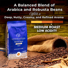 San Pietro Di Puglia Authentic Italian Coffee - 12oz Whole Bean Bag, Medium Roast Crema - Wize-Z