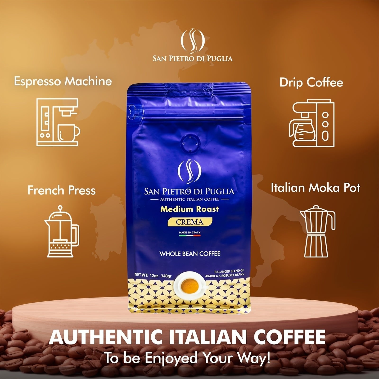 San Pietro Di Puglia Authentic Italian Coffee - 12oz Whole Bean Bag, Medium Roast Crema - Wize-Z