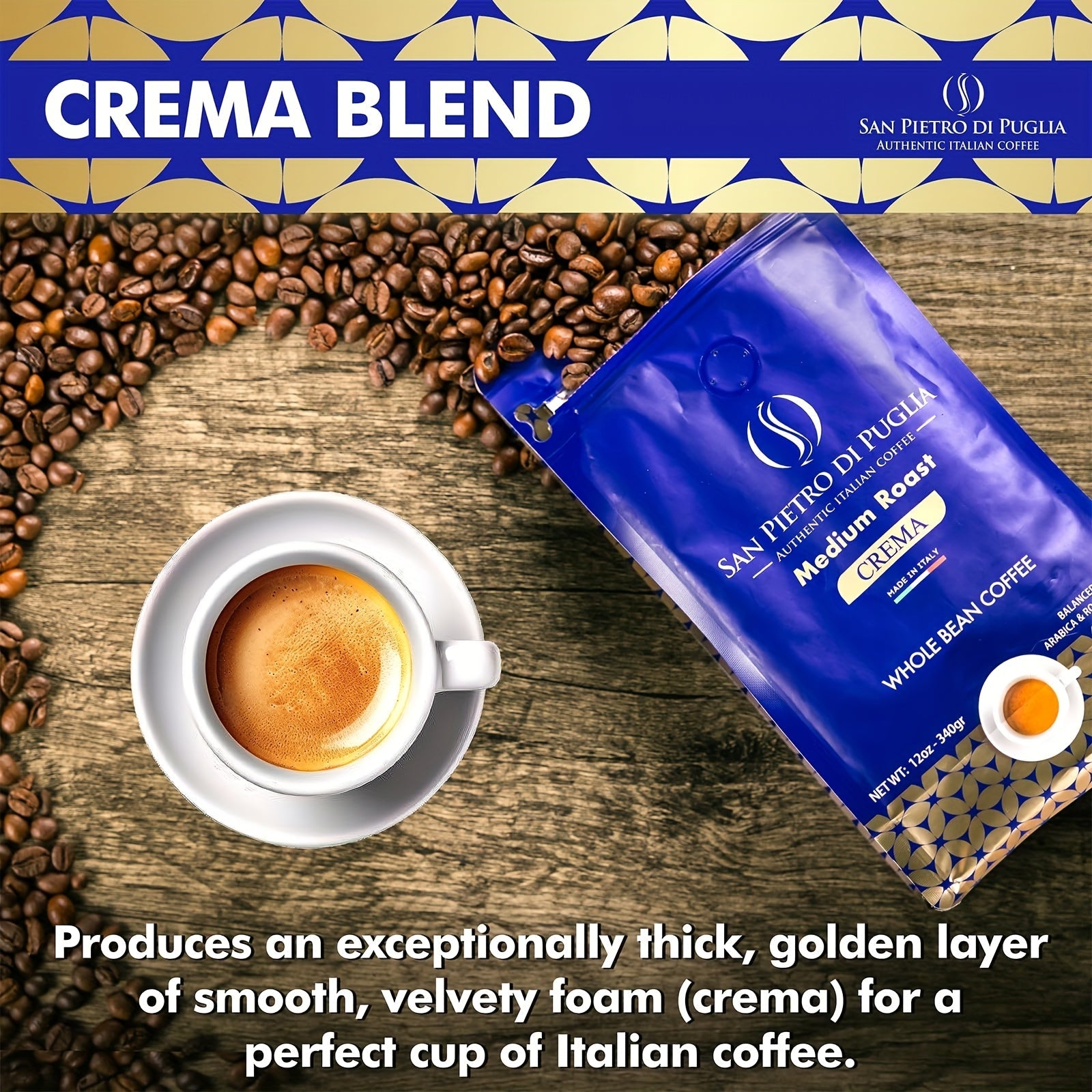 San Pietro Di Puglia Authentic Italian Coffee - 12oz Whole Bean Bag, Medium Roast Crema - Wize-Z