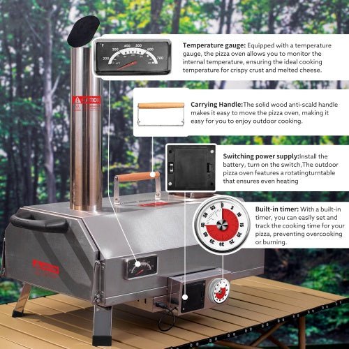 Stainless Steel Pizza Oven Outdoor 12 Automatic Rotatable Pizza Ovens,Portable Wood Fired Pizza Oven Pizza Maker With Timer, Built - in Thermometer,Pizza Cutter - Wize - Z