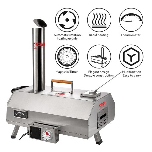 Stainless Steel Pizza Oven Outdoor 12 Automatic Rotatable Pizza Ovens,Portable Wood Fired Pizza Oven Pizza Maker With Timer, Built - in Thermometer,Pizza Cutter - Wize - Z