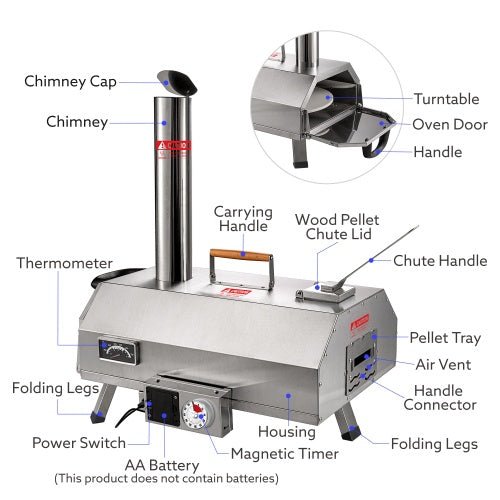 Stainless Steel Pizza Oven Outdoor 12 Automatic Rotatable Pizza Ovens,Portable Wood Fired Pizza Oven Pizza Maker With Timer, Built - in Thermometer,Pizza Cutter - Wize - Z