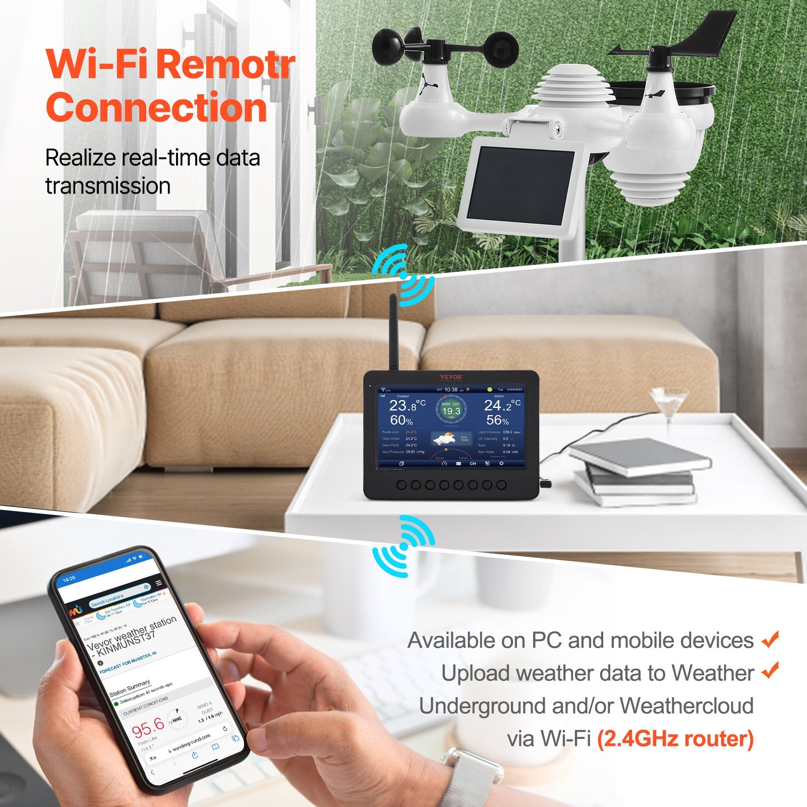 VEVOR 7 - in - 1 Solar - Powered Wi - Fi Weather Station 7" TFT with Outdoor Sensor - Wize - Z