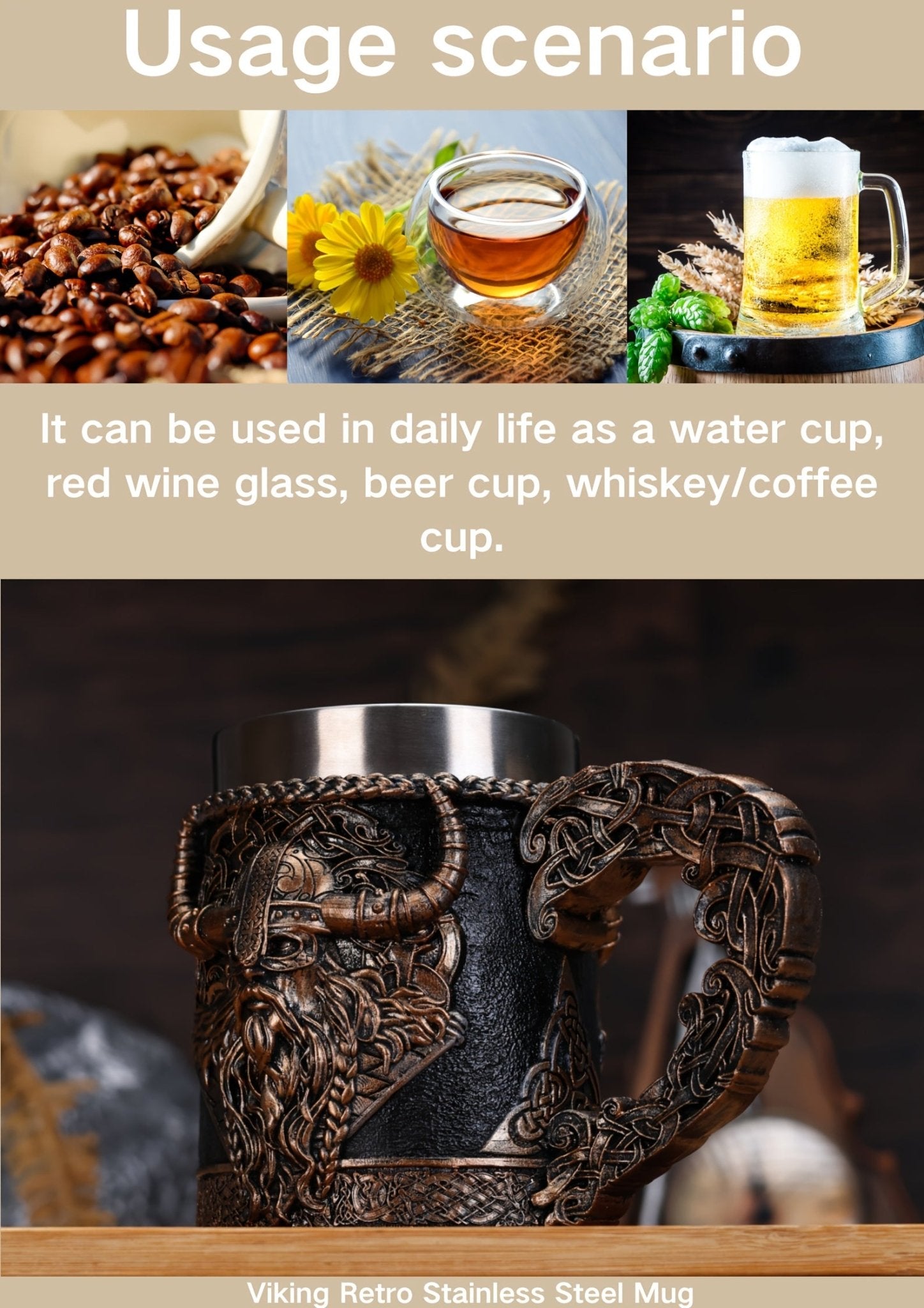 Viking Vintage Stainless Steel Mug – Durable Coffee & Milk Cup - Wize - Z