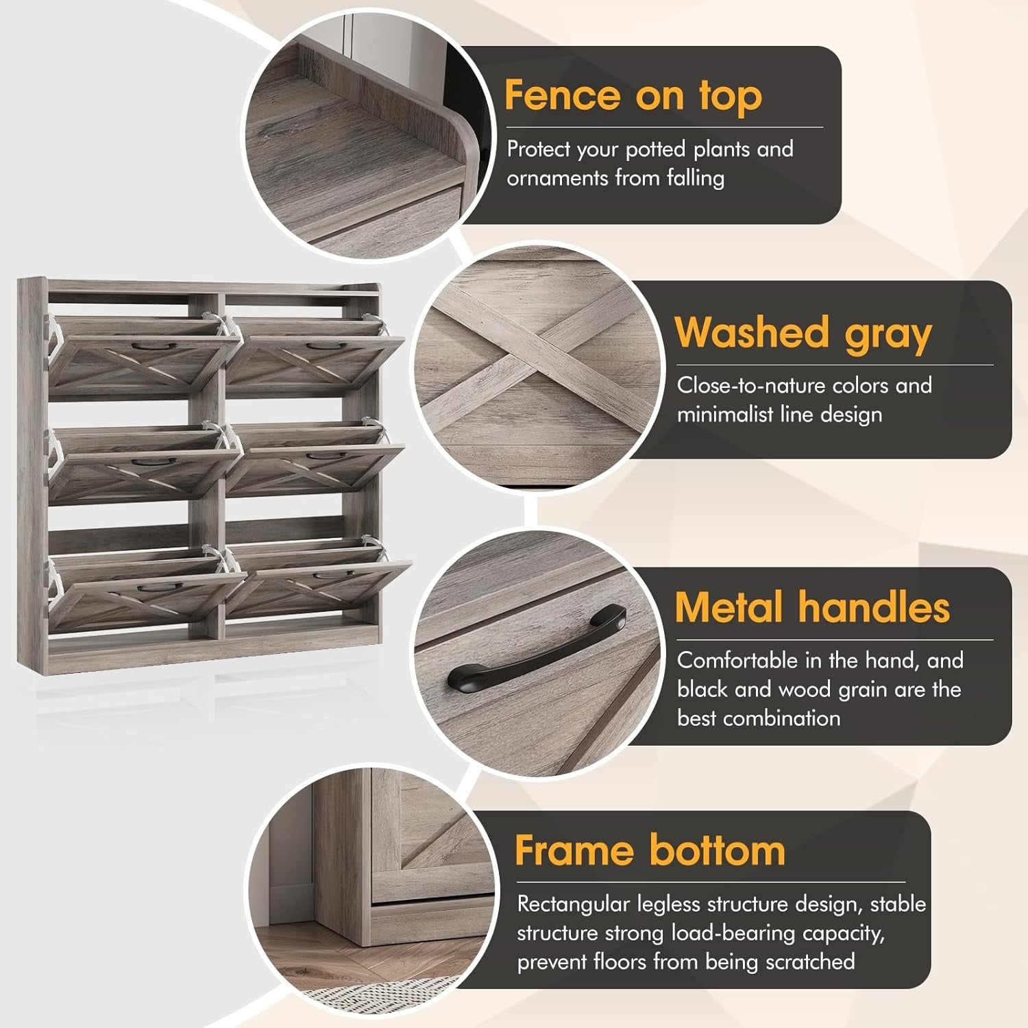 Washed Gray Shoe Storage Cabinet With 6 Flip Drawers - Wize - Z