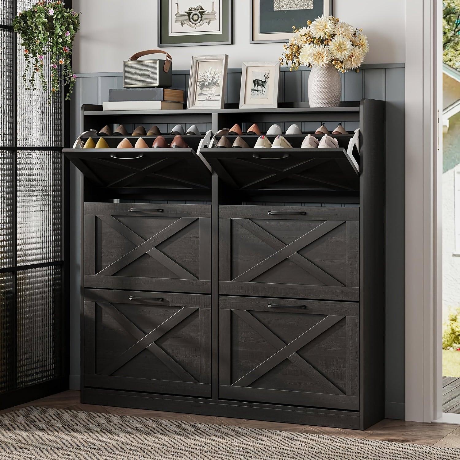 Washed Gray Shoe Storage Cabinet With 6 Flip Drawers - Wize - Z