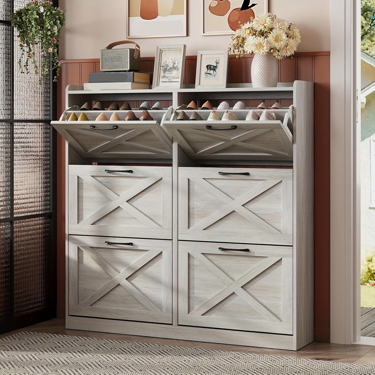 Washed Gray Shoe Storage Cabinet With 6 Flip Drawers - Wize - Z