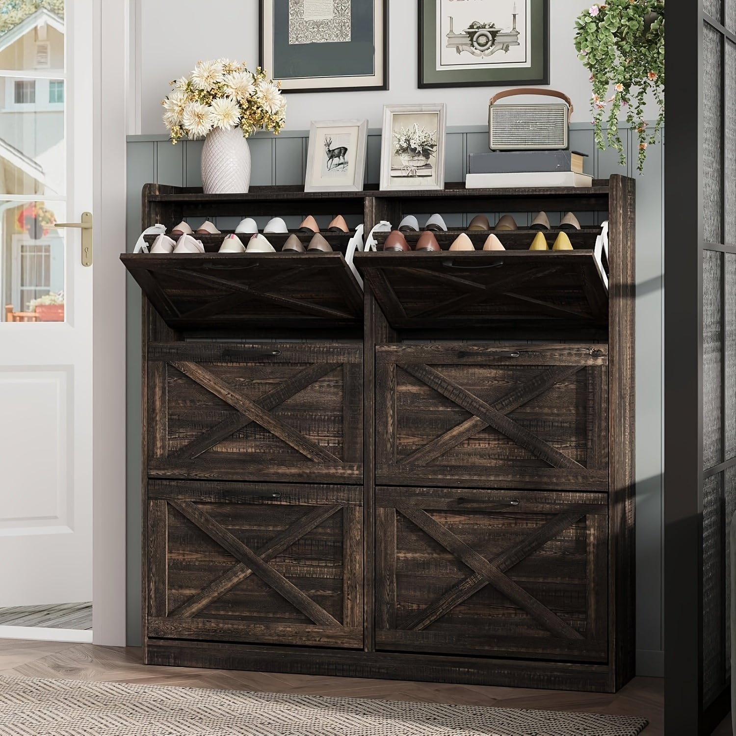Washed Gray Shoe Storage Cabinet With 6 Flip Drawers - Wize - Z