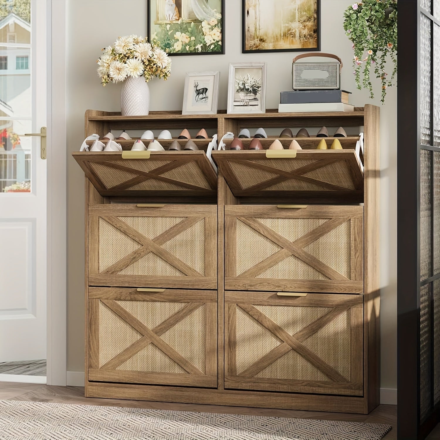 Washed Gray Shoe Storage Cabinet With 6 Flip Drawers - Wize - Z