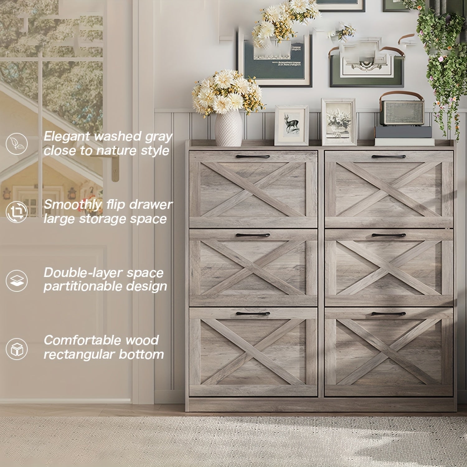 Washed Gray Shoe Storage Cabinet With 6 Flip Drawers - Wize - Z