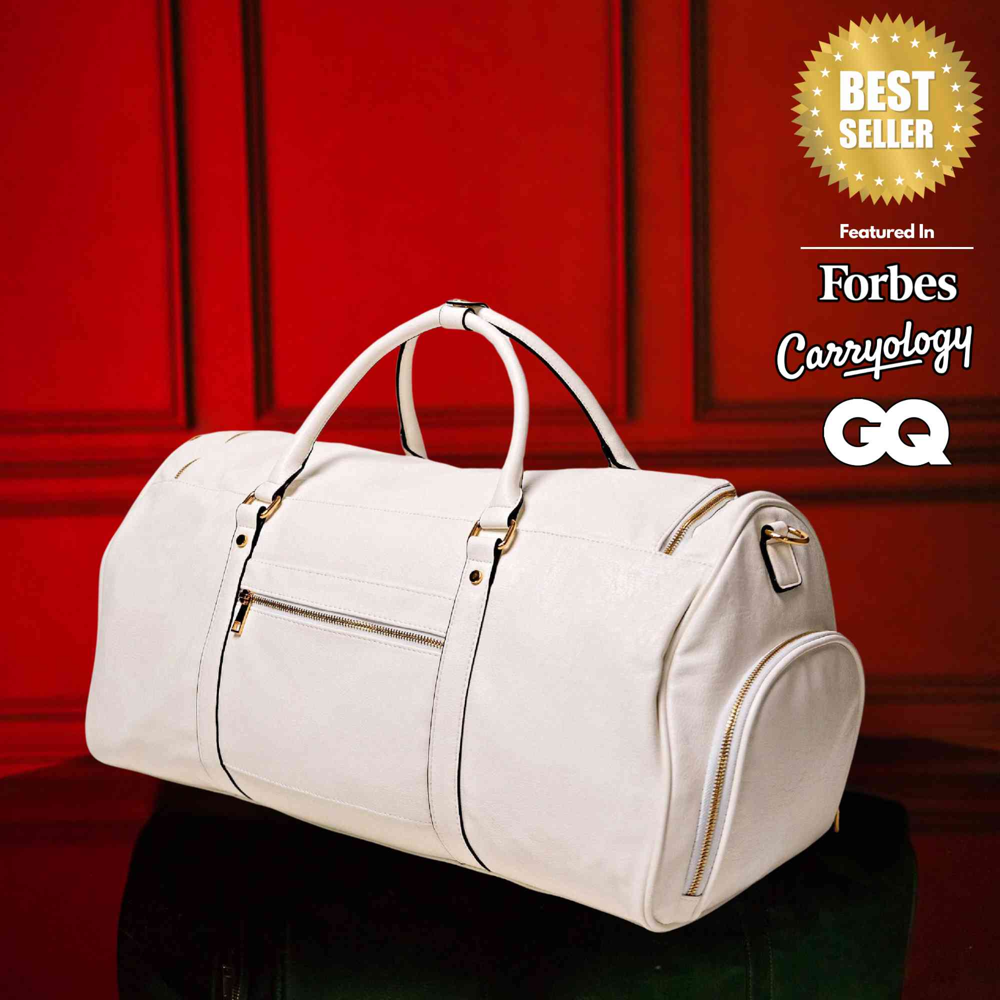 White Leather Weekender Duffle Bag - Wize - Z