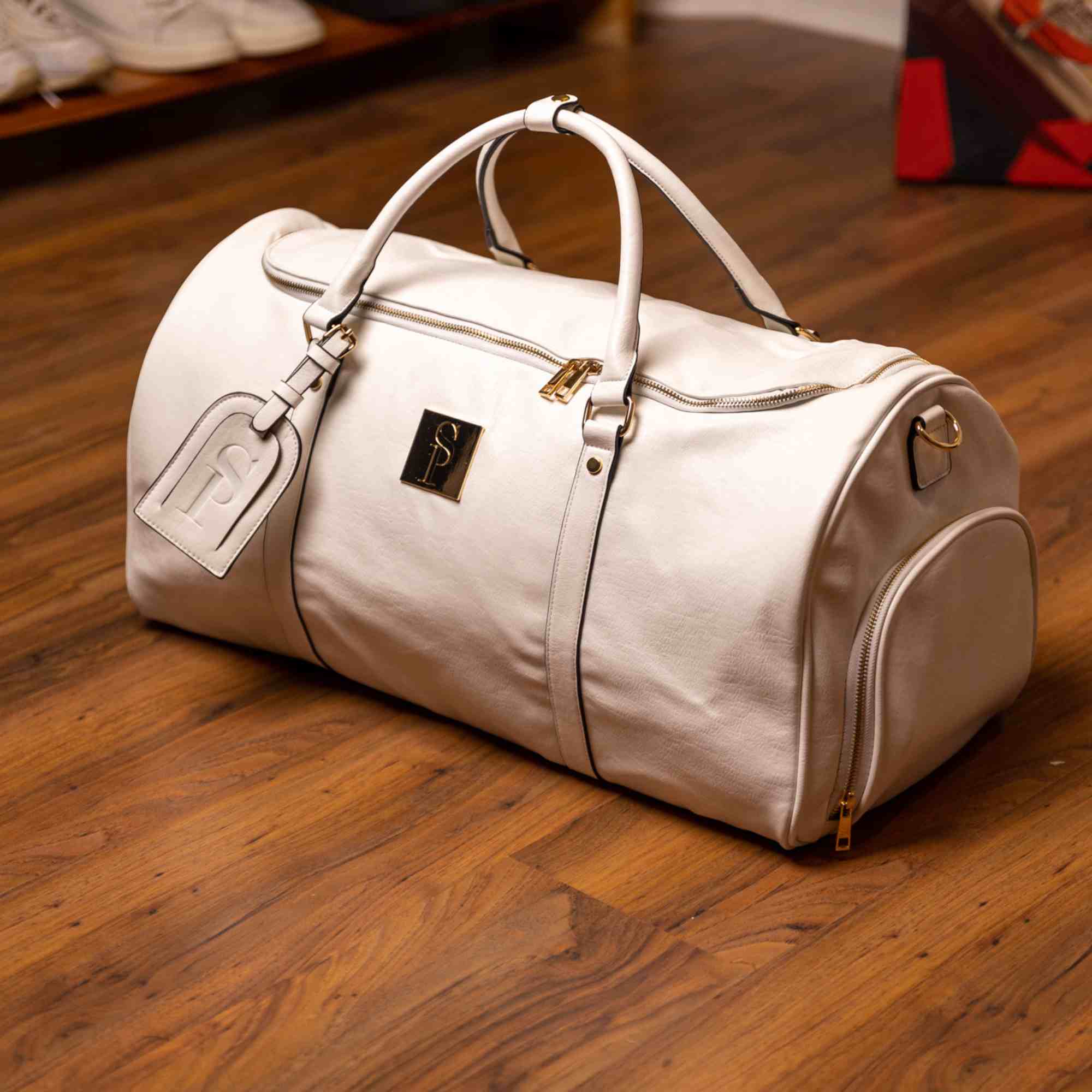 White Leather Weekender Duffle Bag - Wize - Z