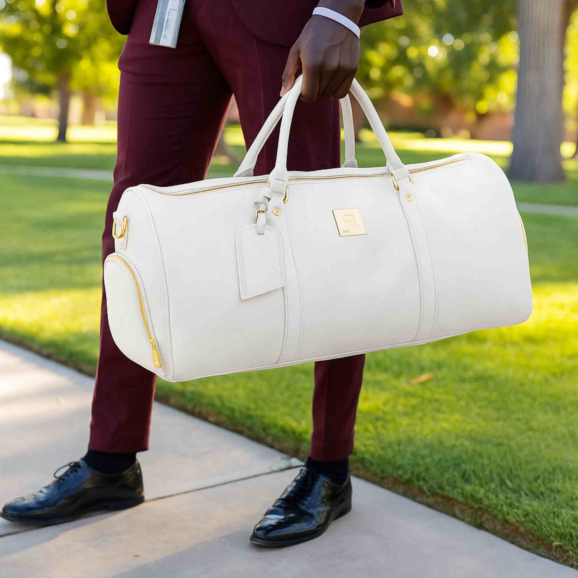 White Leather Weekender Duffle Bag - Wize - Z