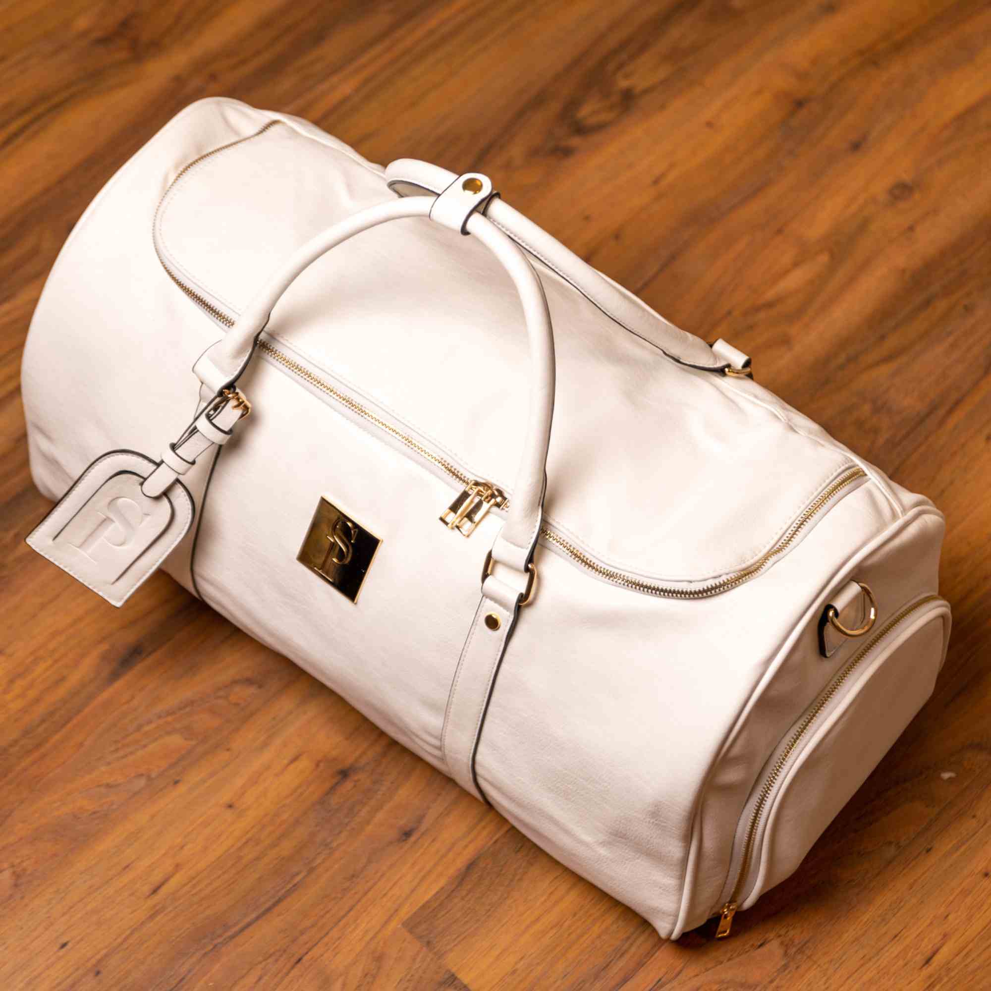 White Leather Weekender Duffle Bag - Wize - Z